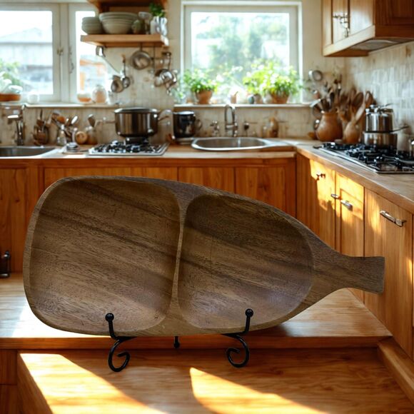 Vintage Hand Carved Monkey Pod Divided Dish 13" Bottle Shape Mid Century Tiki - Picture 8 of 9